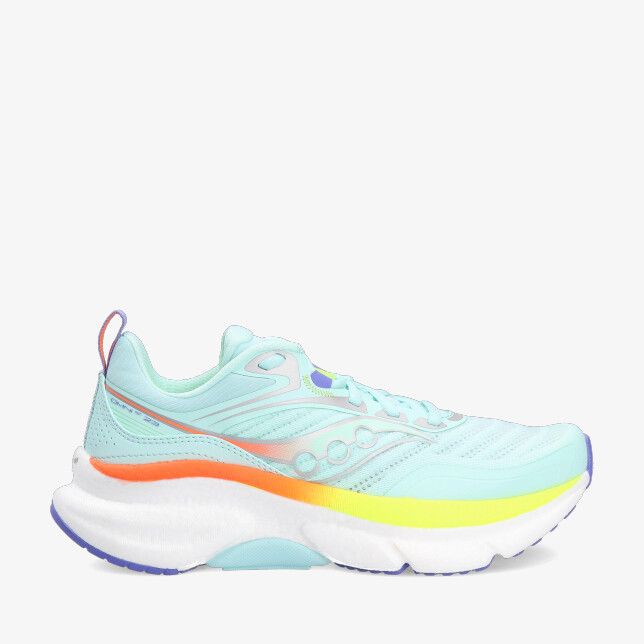 Blauwe Saucony OMNI ST 23 S11072 141 mesh hardloopschoen met ademend bovenwerk dikke witte zool en oranje gele accenten
