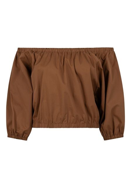 Bruine off shoulder poplin top Aaiko Maddy Popline CO 540 181031 met lange mouwen en elastische hals en zoom