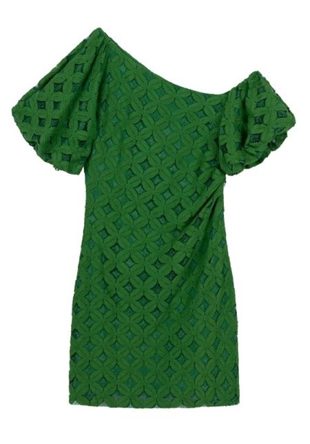 Groene Aaiko DOUTZEN PES 515 160235 jurk met asymmetrische schouder pofmouwen en opengewerkt geometrisch patroon