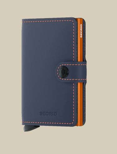 Secrid Miniwallet in matte nachtblauw met oranje zijkant oranje stiksel drukknoopsluiting en kaarttrekker