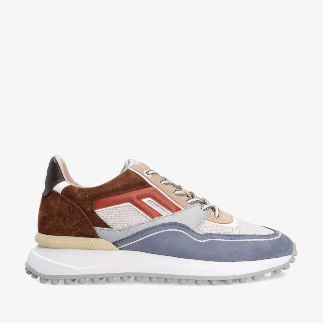 Blauwe leren Floris van Bommel NOPPI SFM-10139 42-05 sneaker met suède en mesh panelen rode zijdetail en dikke noppenzool