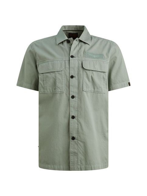 Groene PME Legend PSIS2604216 6123 overhemd met korte mouwen zwarte knopen twee borstzakken met klep en klassieke kraag