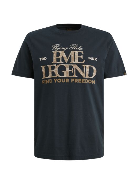 Blauw T-shirt van PME Legend PTSS2604596 5282 met ronde hals korte mouw en groot beige logoprint voorzijde