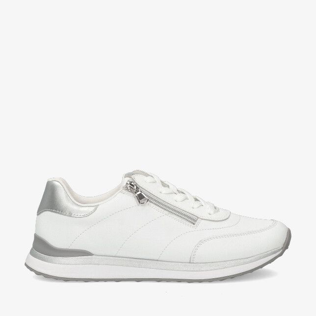Witte leren Remonte D3F00 80 sneaker met rits en veters zilveren hiel en lichtgrijze zool