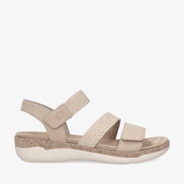 Beige vegan Remonte R6861 20 sandaal met geweven en suèdelook banden met klittenband en zachte zool met subtiel motief