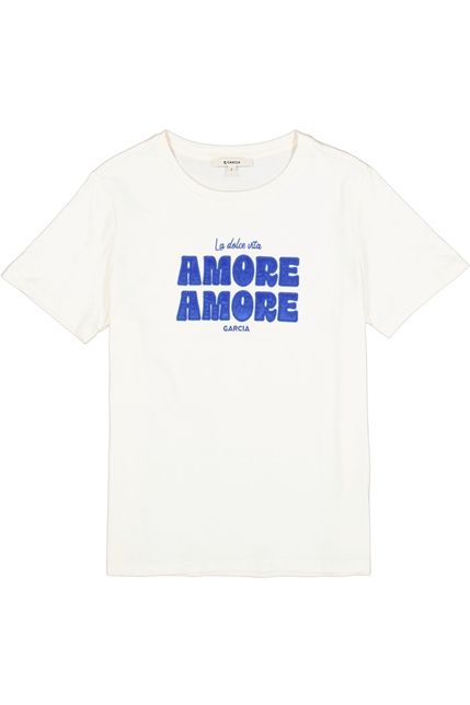Ecru Garcia T-shirt met ronde hals korte mouwen en blauwe AMORE AMORE tekstprint model O260005 1448