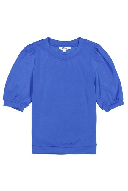 Blauwe Garcia top met ronde hals halflange pofmouwen en brede boorden in gladde stof model O260065 5441