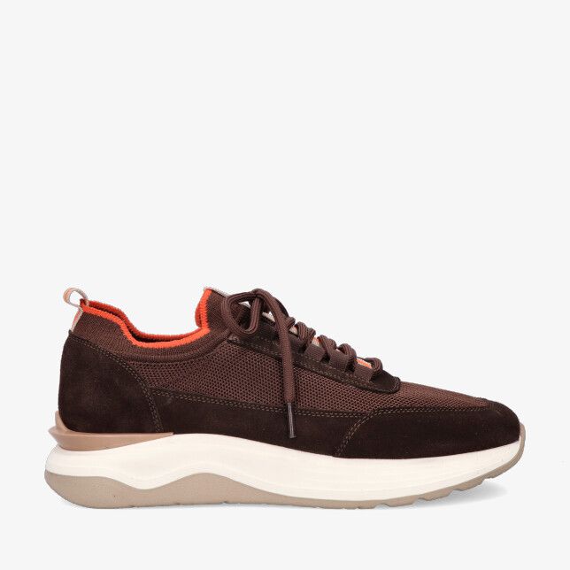 Bruine sneaker in leren combi model H32 TARMY 39050 S0670 met suède en mesh chunky witte zool oranje kraag en vetersluiting