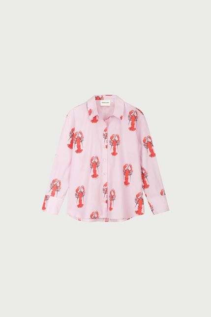 Roze blouse met kreeftprint met lange mouwen knoopsluiting en kraag van Fabienne Chapot model CLT-BLS-35-SS26-0255