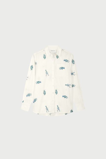 Witte Fabienne Chapot blouse CLT-BLS-27-SS26-1009 met blauwe zeedierenprint lange mouwen borstzak en kraag