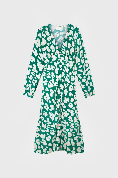 Groene midi-jurk van Fabienne Chapot model CLT-DRS-48-SS26-0249 met V-hals lange mouwen en abstracte witte print