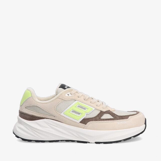 Groene accenten Blackstone DG531 Oyster sneaker in beige suède en mesh met bruine overlays en dikke witte zool