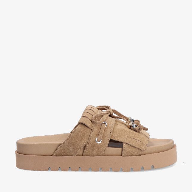 Beige leren Via Vai RAE LAILA 62356 01-1256 sandaal met platformzool brede suède banden en veterdetail met kraaltjes