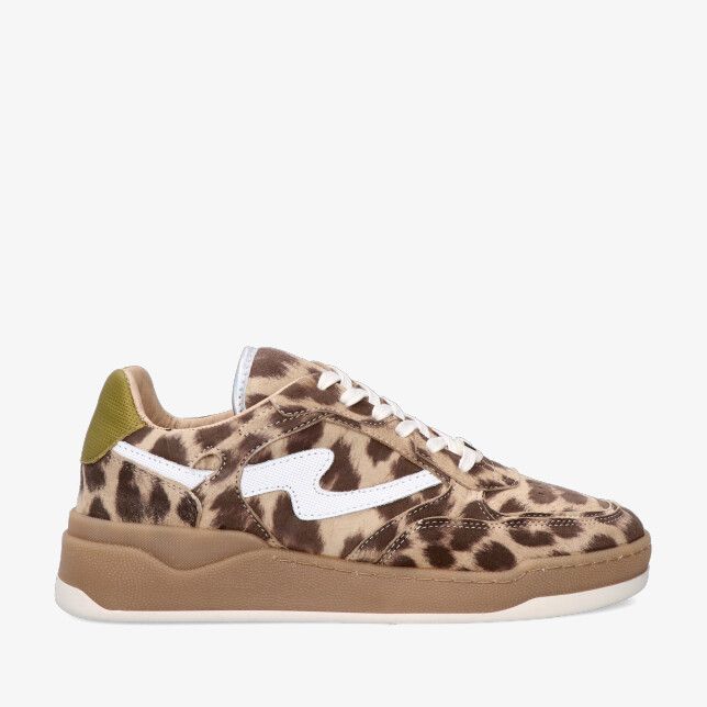 Bruine leren sneaker Via Vai Sam Levi 62026 16-315 Giaguaro met panterprint witte details en dikke zool