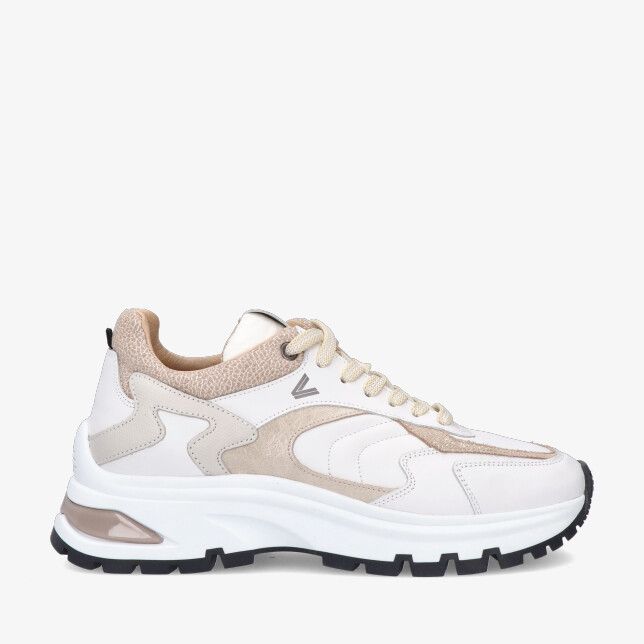 Beige leren Via Vai Liz Leighton 62317 02-946 sneaker met chunky witte zool speelse panelen en zwarte profielzool