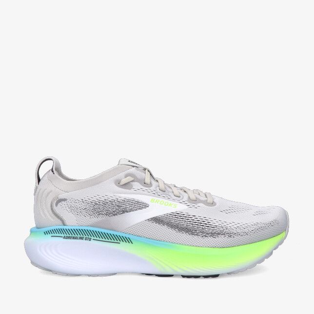 Grijze Brooks Adrenaline GTS 25 1104541D 033 hardloopschoen met ademend mesh en dikke neongroene en blauwe verloopzool