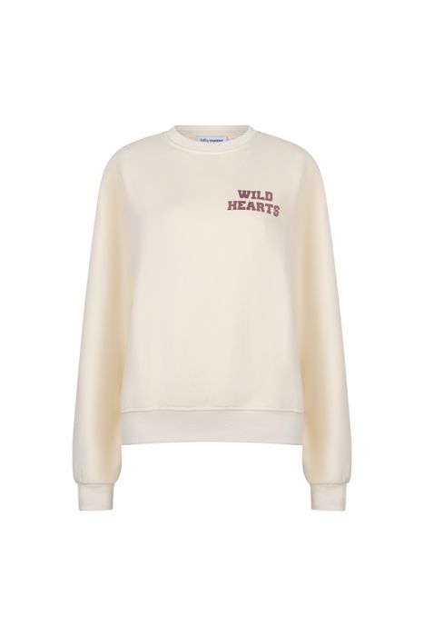 Beige Lofty Manner RA17 115 sweatshirt met ronde hals ribboorden en kleine bordeaux Wild Hearts opdruk op de borst