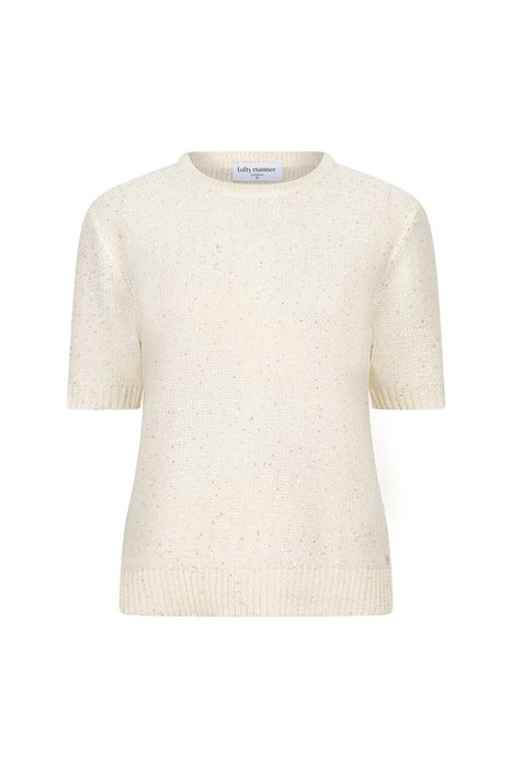 Witte gebreide top met korte mouwen en ronde hals van Lofty Manner RB03.2 116 met gespikkelde textuur en ribboorden