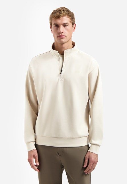 Beige No Excess sweater met kwartrits opstaande kraag en ribboorden model 31100103 045 subtiel borstlogo