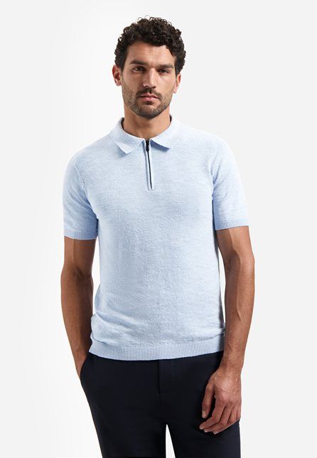Lichtblauwe No Excess gebreide polo met korte mouwen en halve rits model 31220243 030 met ribboorden