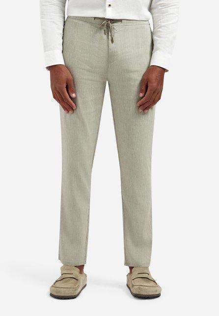 Beige broek van No Excess model 317140211 044 met slanke pasvorm taps toelopende pijpen en strikkoord in de taille linnenlook