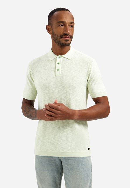 Groene No Excess polo 31240263SN 057H in fijn gemêleerd breisel met korte mouwen ribboorden en vierknoopssluiting