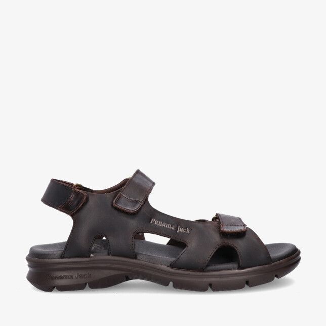 Bruine Panama Jack ROMAN C1 BROWN sandaal met leren look klittenbandsluitingen open teen en stevige profielzool