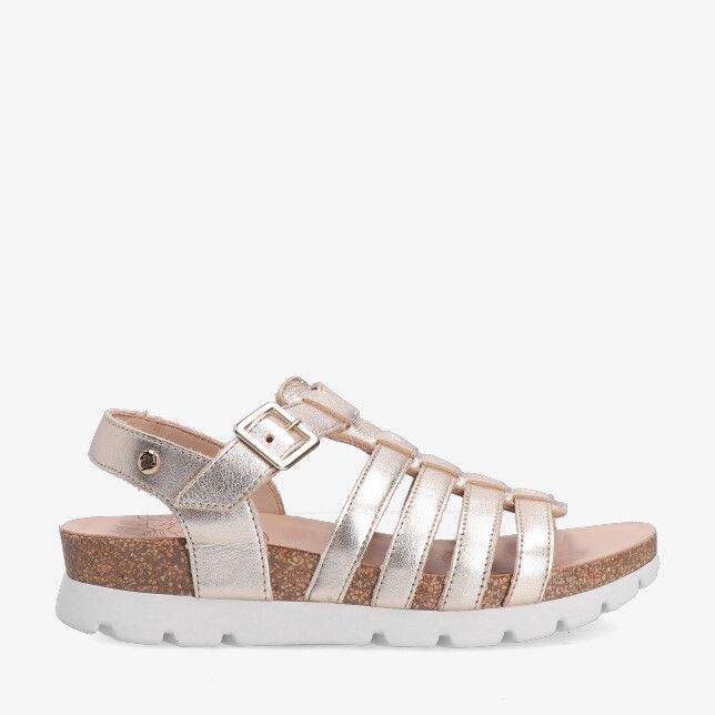 Panama Jack SASHA B1 sandaal van gouden metallic leer met smalle bandjes en gesp kurken plateau en witte profielzool