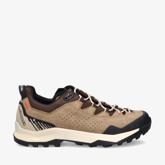 Bruine Lowa Explorer GTX Lo LW211190 4485 van suède met perforaties zwarte teenkap en grove zool en crèmekleurige tussenzool
