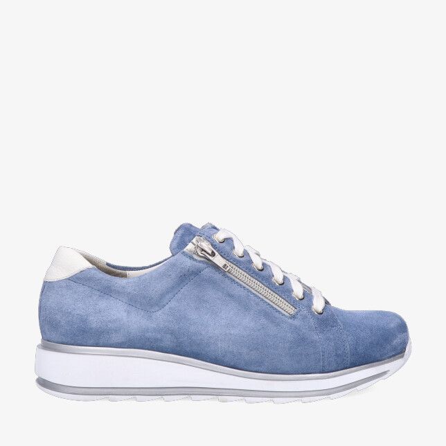 Blauwe Durea 6286 288 1073 sneaker in leren combi met suède uitstraling witte veters rits en dikke witte zool