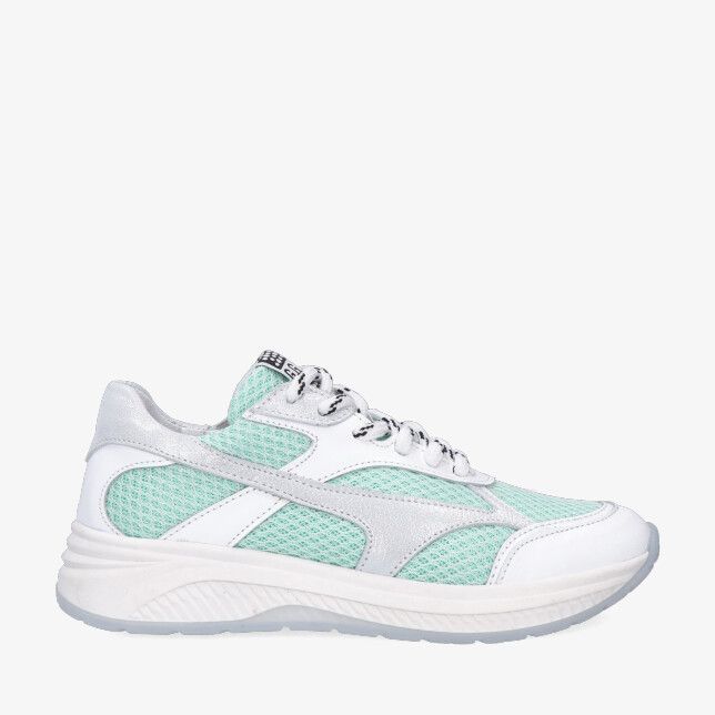 Groene Giga G4530 A11C33 sneaker in leren combinatie met mintgroene mesh panelen witte en zilveren details en dikke zool