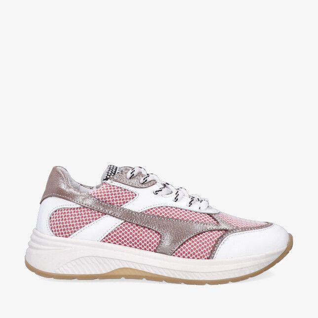 Roze Giga G4530 A11C32 sneaker in leren combi met roze mesh witte overlays metallic afwerking en dikke witte zool met gum