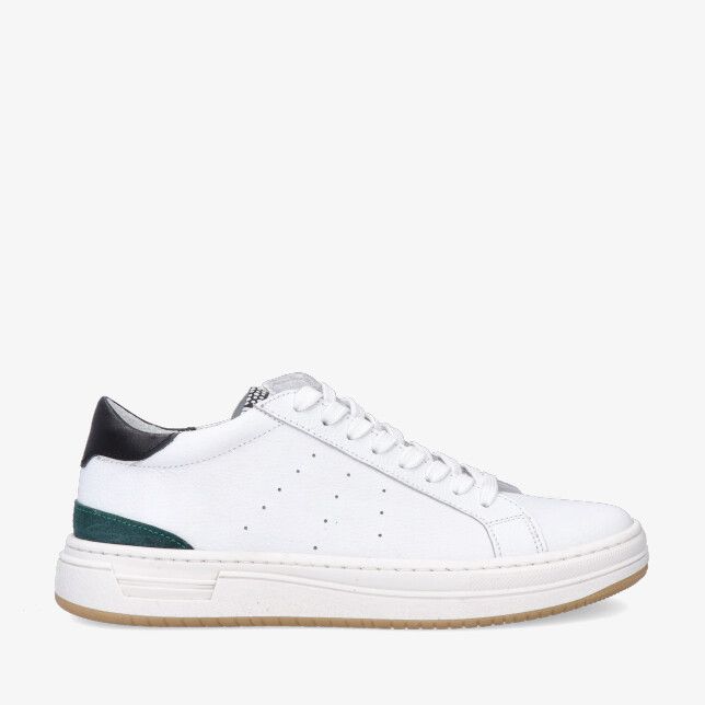 Witte leren Giga sneaker G4573 A21A17 met laag model geperforeerde zijkant groen en zwart hielaccent en zool met gumrand