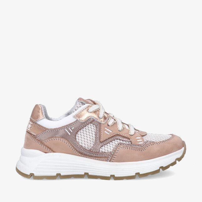 Roze Twins Puck Poker 326140 996-W3 sneaker in leren combi met mesh panelen witte chunky zool en roségouden accenten