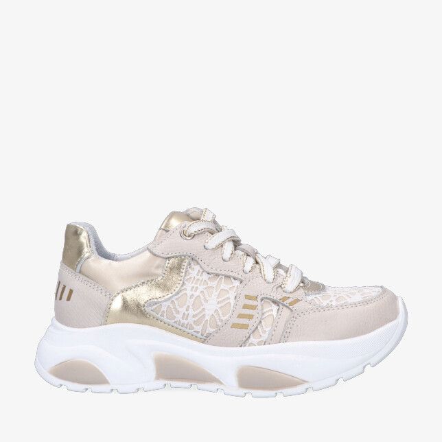 Beige Twins Seven Swing 326175 906-W5 sneaker in leren combi met gouden accenten kanten inzet en chunky witte zool