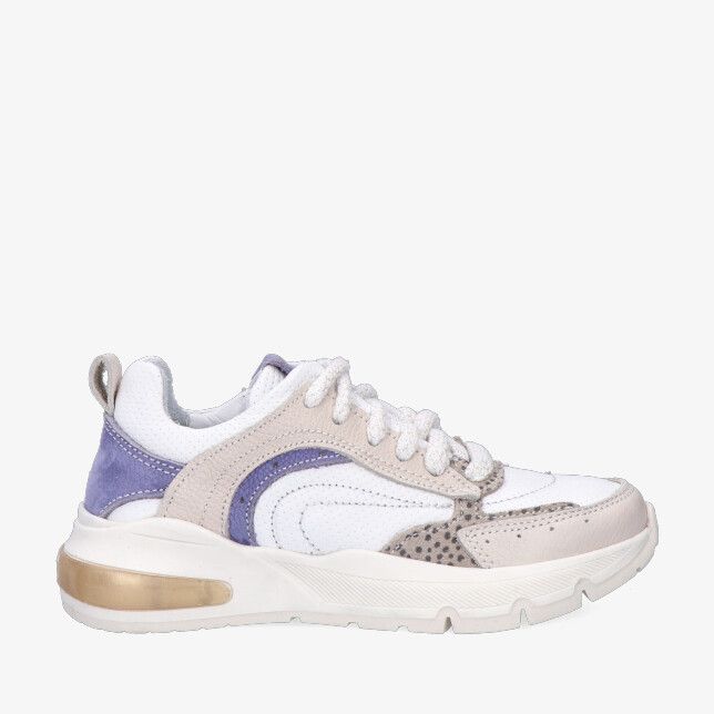 Beige leren combi sneaker Twins SANNE SPLIN 326157 500-W5 met chunky zool paarse accenten en gouden hielaccent