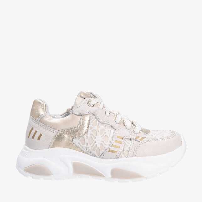 Beige Twins Seven Swing 326175 906-W3 sneaker van leercombi met kantlook inzet gouden accenten en dikke witte zool