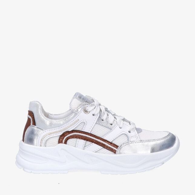 Zilveren Twins ROSE RITEL 326000 991-W5 sneaker in leren combi met witte chunky zool mesh panelen en bronskleurige bies