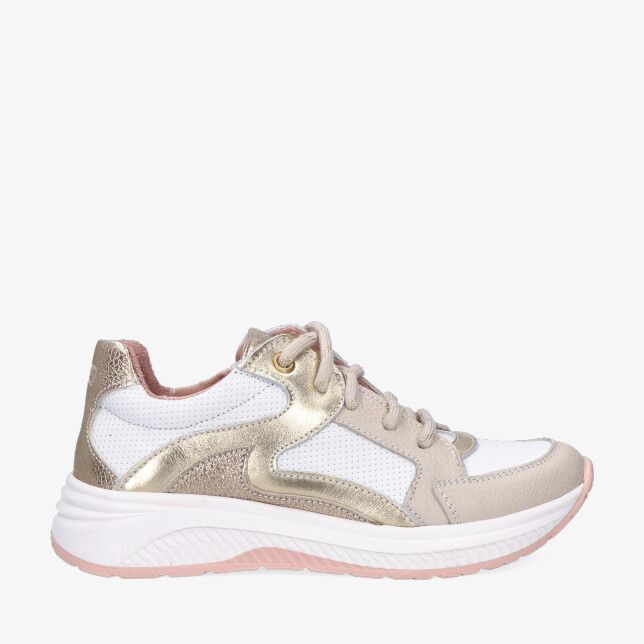 Beige leren sneaker Twins Elena Engel 326130 501-W5 met gouden accenten perforaties en witte zool met lichtroze loopzool