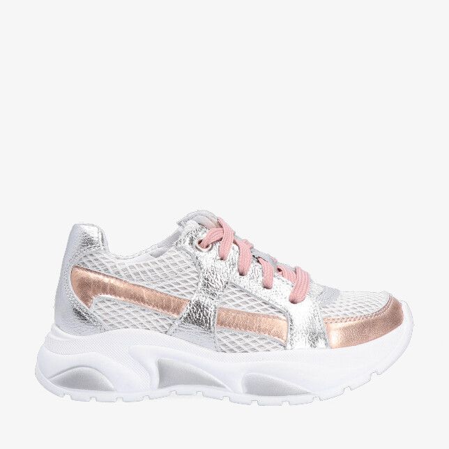 Twins Selah Swing 326120 991 W3 sneaker in leren combi met zilveren mesh en bronzen accenten roze veters en dikke witte zool