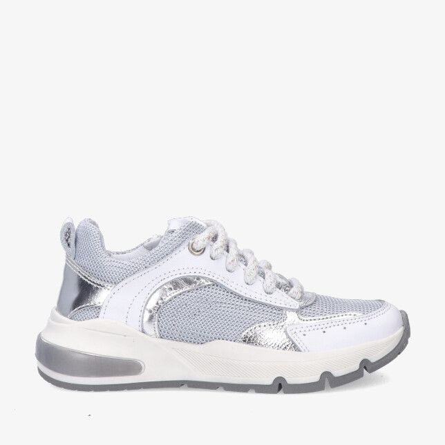 Zilveren leren combi sneaker Twins Sanne Splin 326157 591-W2 met mesh panelen metallic details en dikke grijze zool