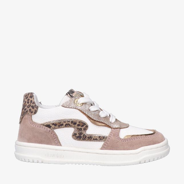 Beige Develab meisjes low cut sneaker met veters 44436 299 in leercombi met panterprint en gouden details op witte zool