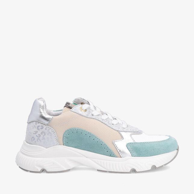 Develab meisjes low cut sneaker 47142 663 met veters in turquoise nubuck met zilverkleurige details en dikke witte zool