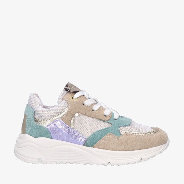 Beige Develab meisjessneaker low cut met veters model 47154 293 in leren combi met mesh suède en metallic details