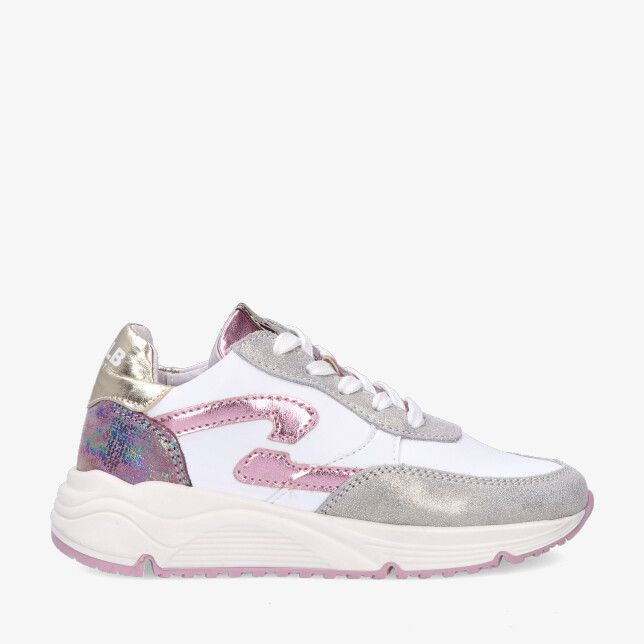 Develab Girls Low Cut Sneaker Laces 41044 199 in witte metallic leren uitvoering met roze accenten en dikke zool
