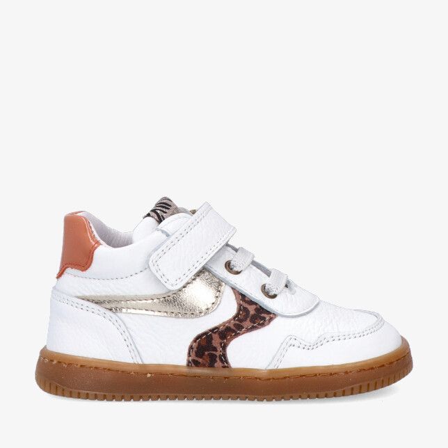 Witte leren Develab Firststep midcut sneaker 44428 122 met klittenband veters gouden accent panterprint en gumzool