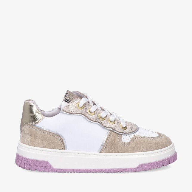 Beige leren Develab Girls Low Cut Sneaker Laces 47146 293 met suède details geperforeerde neus gouden hiel en paarse zool