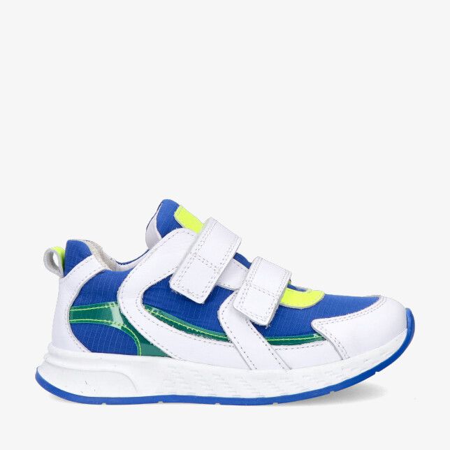 Blauwe Track Style Floris Fire 326335 123-W3 sneaker met leren combi klittenbandriemen groen-gele accenten witte zool