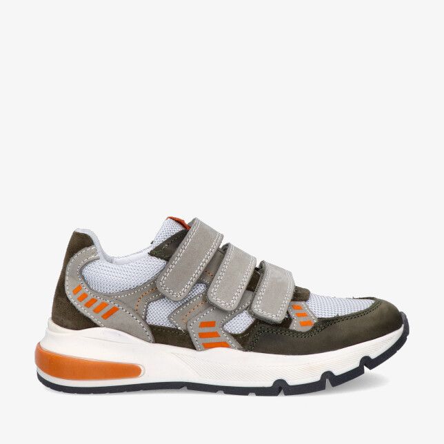 Groene Track Style Silas Splin 326357 168-W3 sneaker in leren combi met mesh met drie klittenbanden en oranje accenten