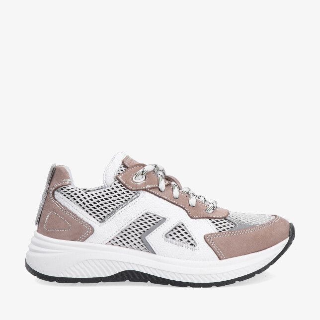 Taupe Track Style Evan Engel 326355 108 W3 sneaker in leercombinatie met wit en zwart mesh suède overlays en dikke zool